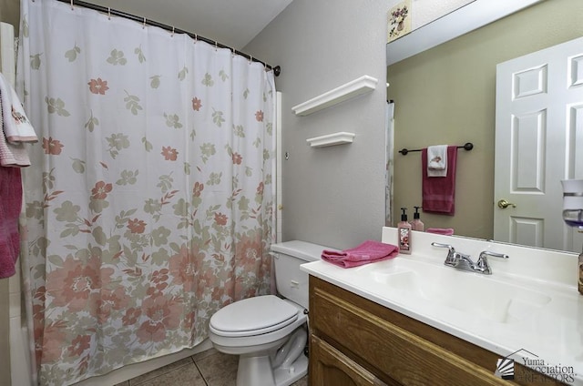 full bath featuring vanity, curtained shower, tile patterned flooring, and toilet