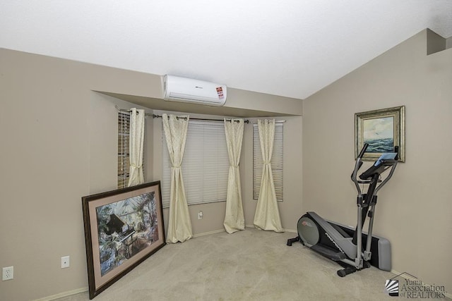 workout area with carpet, a wall unit AC, lofted ceiling, and baseboards