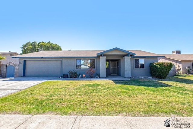 ranch-style house featuring an attached garage, stucco siding, concrete driveway, and a front yard