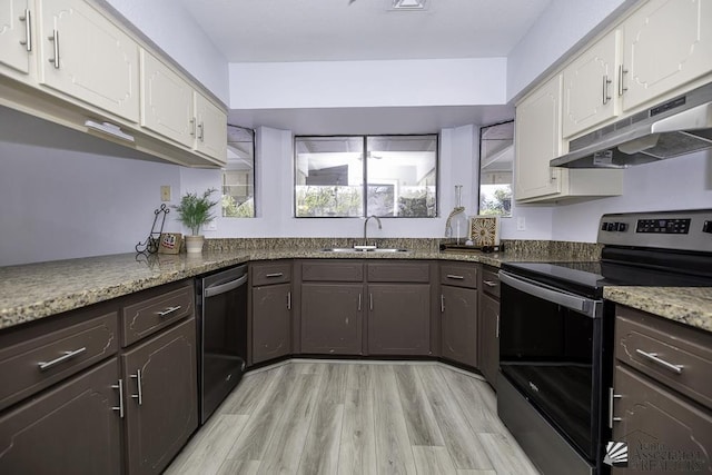 kitchen with electric range, white cabinets, dishwashing machine, under cabinet range hood, and a sink