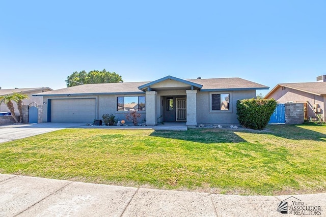 ranch-style house featuring a garage, fence, concrete driveway, stucco siding, and a front yard