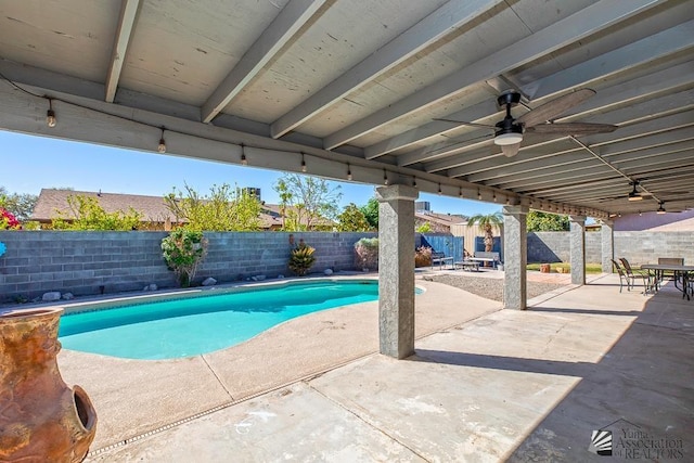 view of pool with a patio, a fenced backyard, a ceiling fan, and a fenced in pool