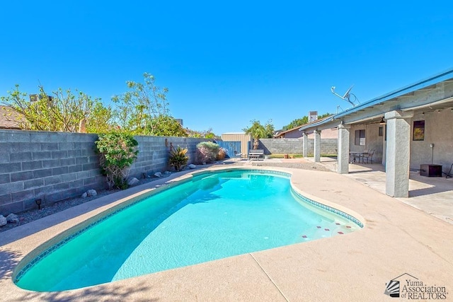 view of pool featuring a fenced in pool, a fenced backyard, and a patio