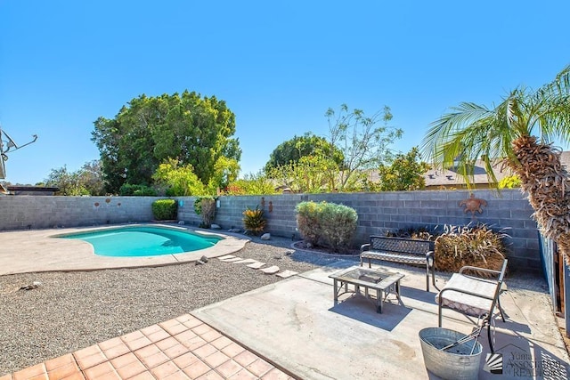 view of pool featuring a fenced in pool, a fenced backyard, and a patio