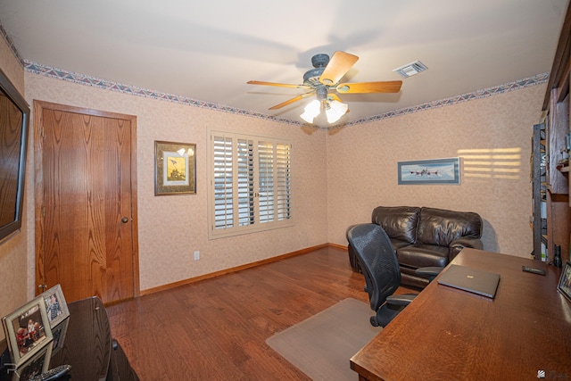 office space with hardwood / wood-style flooring and ceiling fan