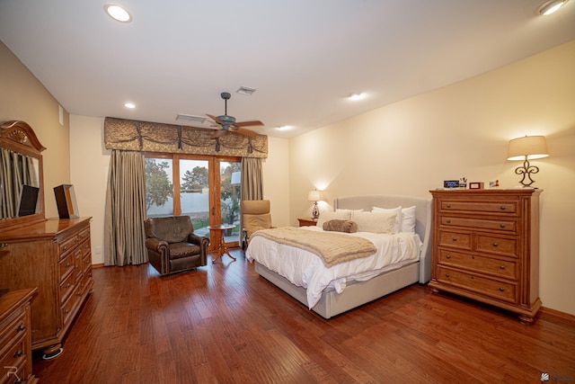 bedroom featuring ceiling fan, access to exterior, and dark hardwood / wood-style flooring