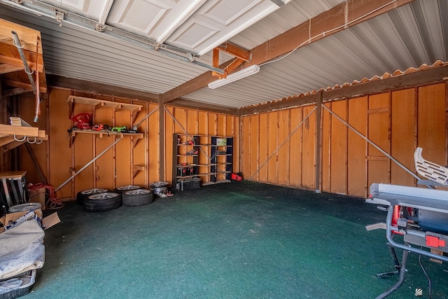 garage with wood walls