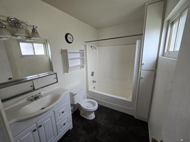 full bathroom with shower / bathtub combination, vanity, and toilet