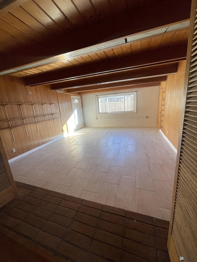 bonus room featuring beam ceiling, wood ceiling, and wood walls