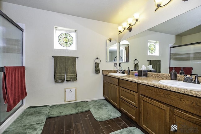 bathroom with walk in shower, vanity, and a wealth of natural light