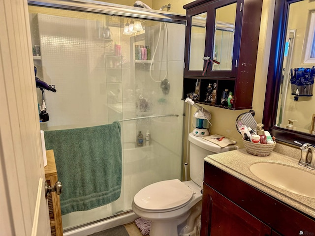 bathroom with vanity, a shower with door, and toilet