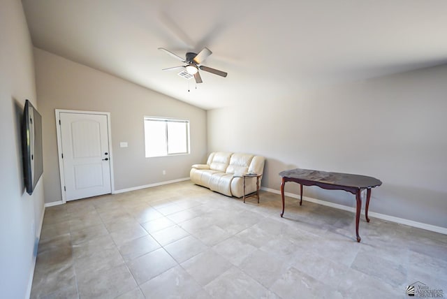 unfurnished room featuring ceiling fan, light tile patterned flooring, and lofted ceiling