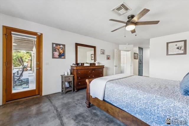 bedroom featuring concrete flooring, access to outside, visible vents, and ceiling fan