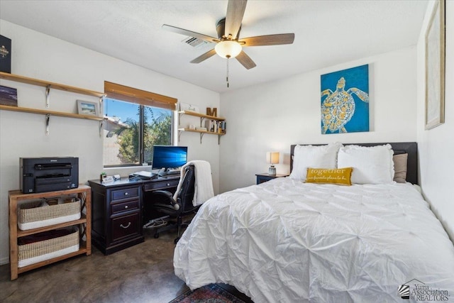 carpeted bedroom with visible vents and a ceiling fan