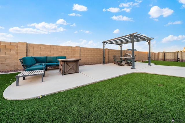 view of yard with an outdoor living space with a fire pit, a patio area, a fenced backyard, and a pergola