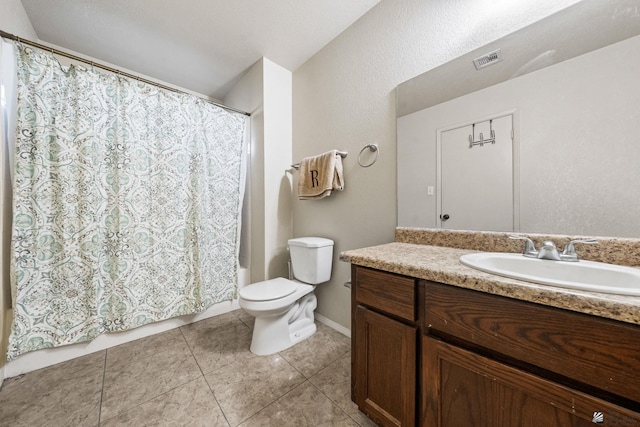 full bath featuring toilet, tile patterned flooring, visible vents, and vanity