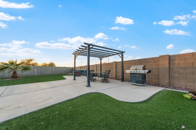 view of patio with a fenced backyard, grilling area, and a pergola