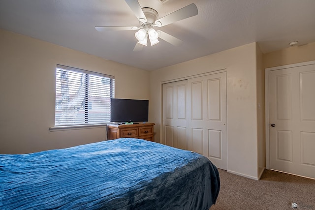 bedroom with ceiling fan, a closet, and carpet