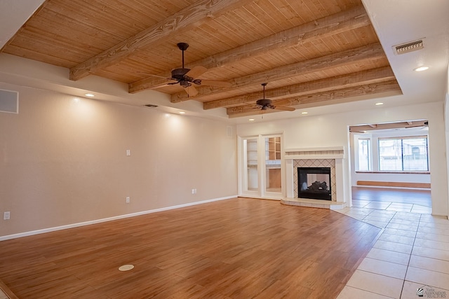 unfurnished living room with ceiling fan, a fireplace, light wood-type flooring, and wooden ceiling