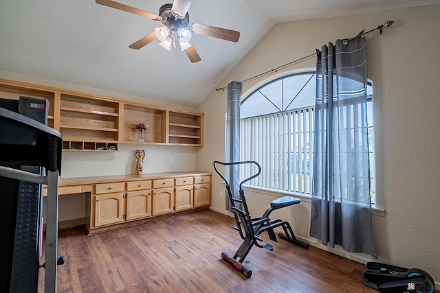 exercise area with hardwood / wood-style flooring, built in desk, ceiling fan, and vaulted ceiling