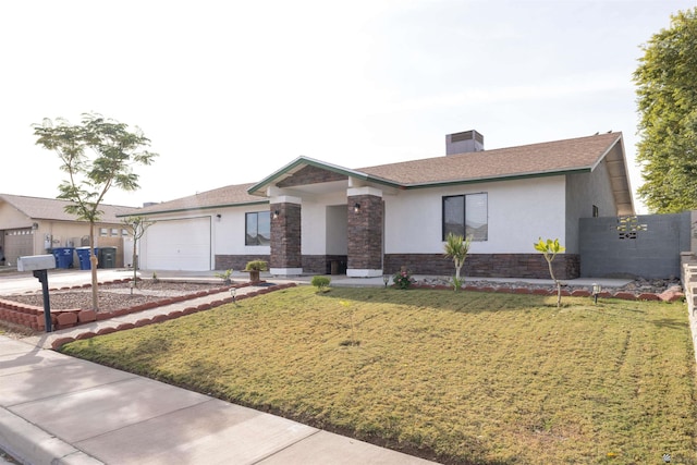 ranch-style house with a garage and a front lawn