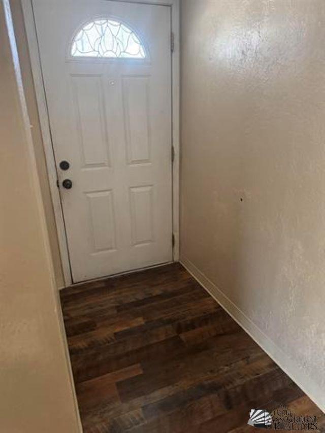 entryway featuring baseboards and dark wood-style flooring