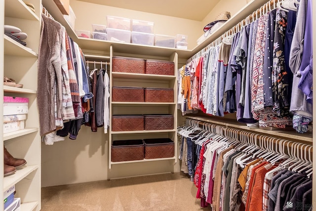 spacious closet featuring light colored carpet