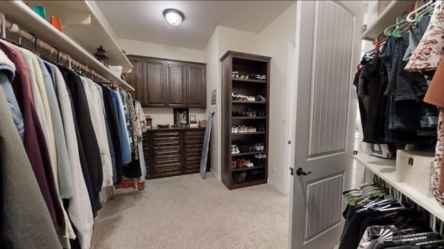 spacious closet featuring light colored carpet