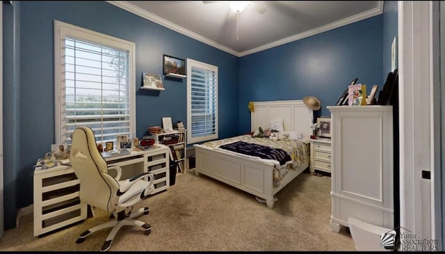 carpeted bedroom featuring ceiling fan and crown molding