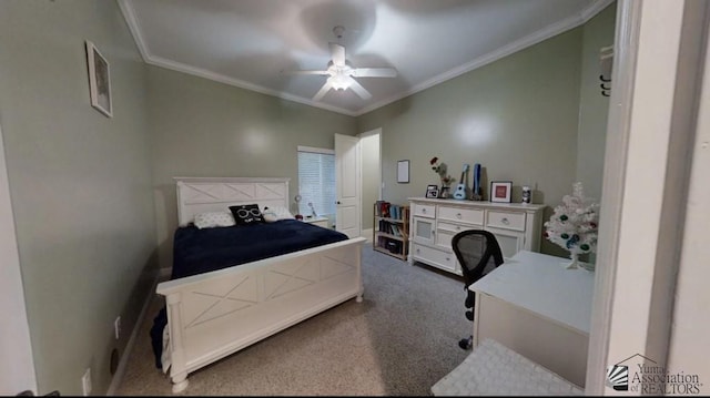 carpeted bedroom with ceiling fan and crown molding