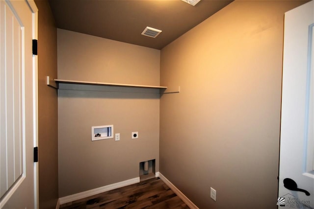 laundry room with washer hookup, dark wood-style flooring, visible vents, hookup for an electric dryer, and laundry area