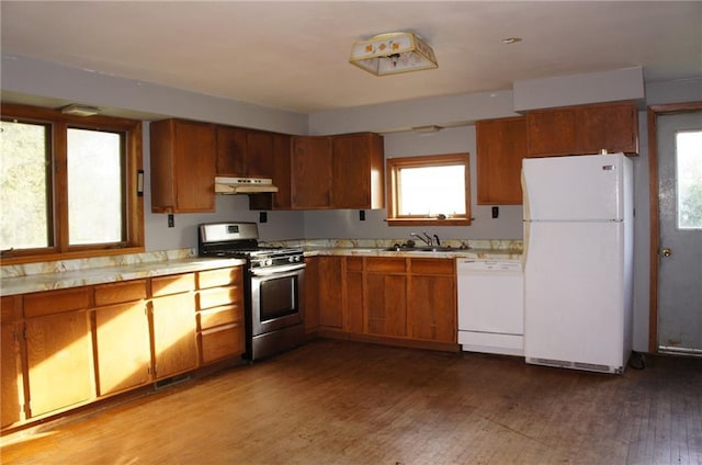 kitchen with wood-type flooring, white appliances, and sink