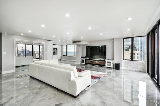 living room with light tile flooring