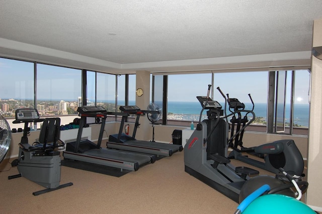 exercise room featuring a water view, a textured ceiling, and carpet flooring