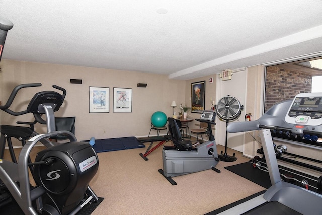 workout room featuring a textured ceiling and carpet flooring