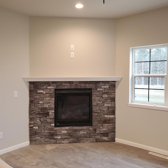 room details featuring a fireplace and hardwood / wood-style floors