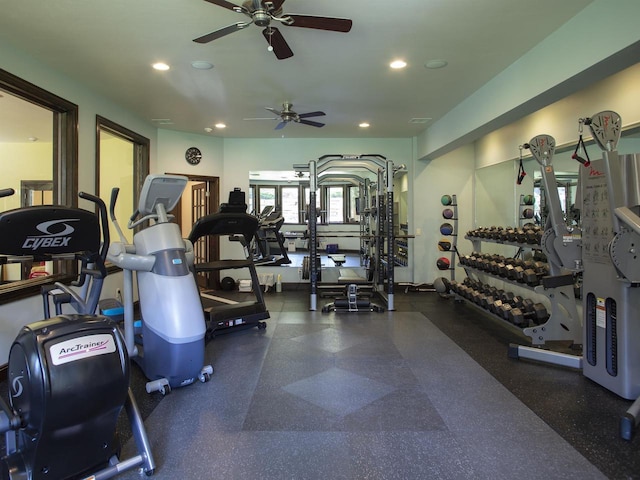 workout area featuring ceiling fan