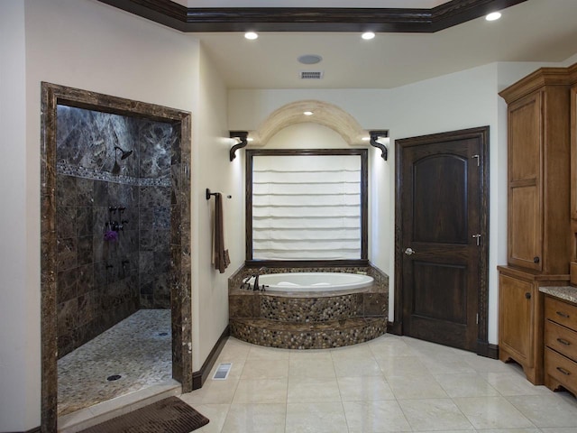 bathroom with crown molding, tile flooring, and separate shower and tub