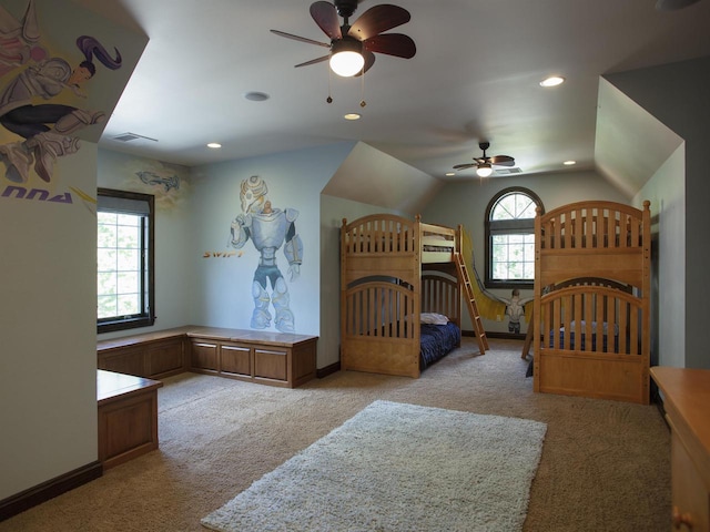 carpeted bedroom featuring vaulted ceiling