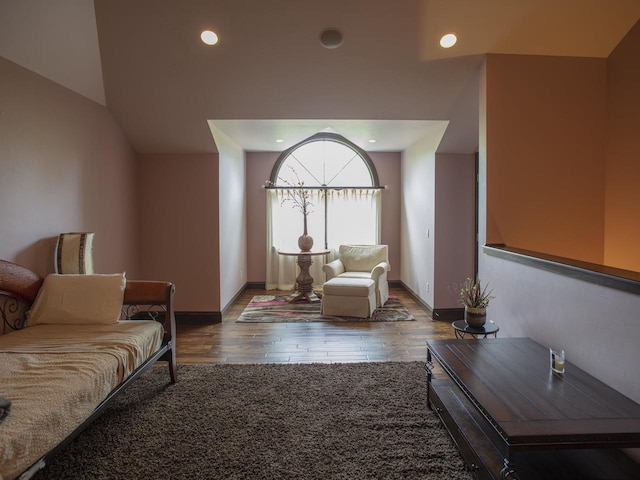 living room featuring dark wood-type flooring and lofted ceiling