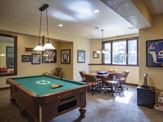 rec room with pool table and dark carpet