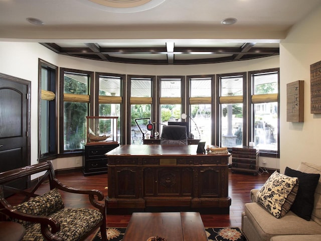 home office featuring coffered ceiling, dark wood-type flooring, and a healthy amount of sunlight