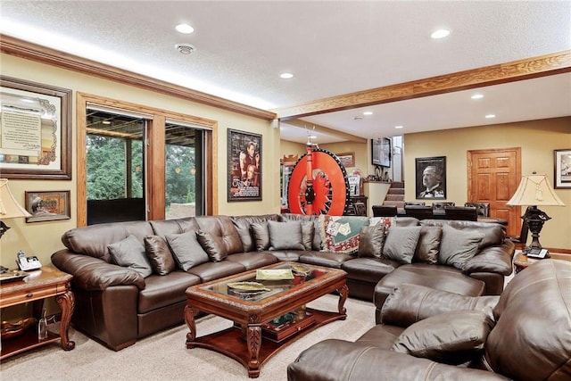 living room with light carpet, a textured ceiling, and beamed ceiling