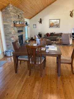 dining area featuring light hardwood / wood-style flooring, lofted ceiling, a fireplace, and wood ceiling