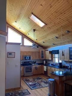 kitchen featuring stove, a skylight, light hardwood / wood-style flooring, wooden ceiling, and high vaulted ceiling