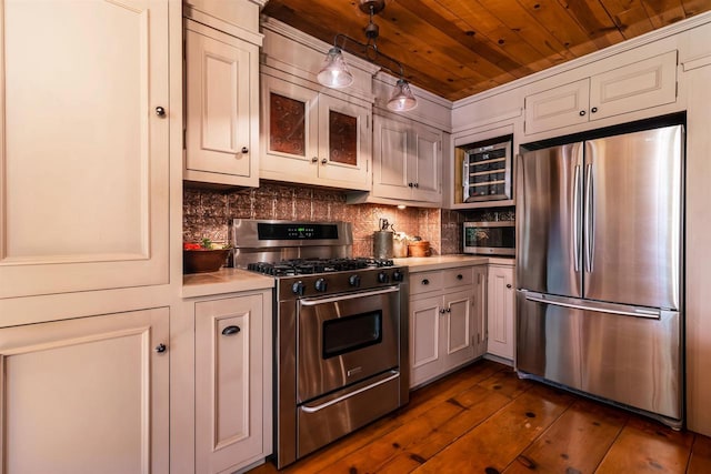 kitchen with stainless steel appliances, wooden ceiling, tasteful backsplash, dark wood-type flooring, and white cabinets