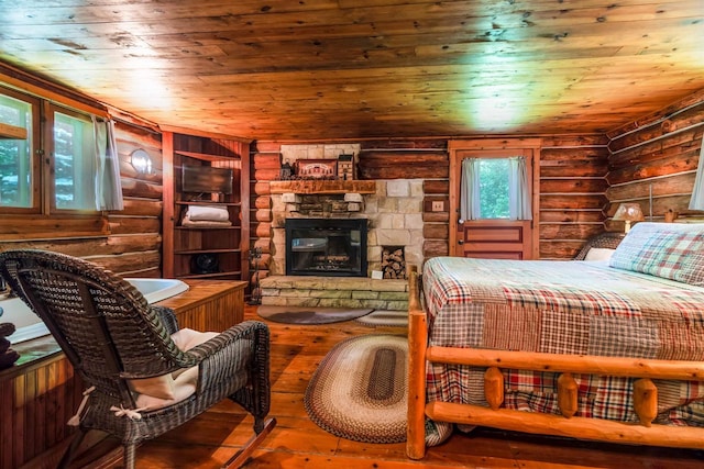 bedroom featuring dark hardwood / wood-style flooring, log walls, a stone fireplace, and wood ceiling