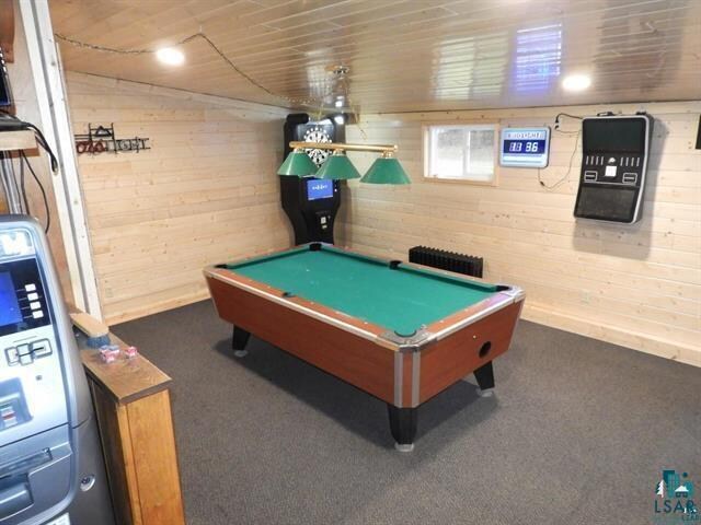 19020 US Highway 2, Mason, WI 54856 - rec room with dark carpet, wooden ceiling, wooden walls, and pool table
