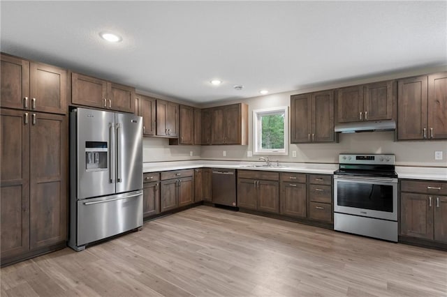 kitchen with dark brown cabinets, sink, light wood-type flooring, and appliances with stainless steel finishes