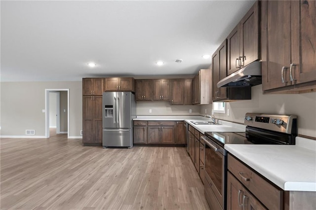 kitchen featuring light wood-type flooring, sink, dark brown cabinets, and stainless steel appliances